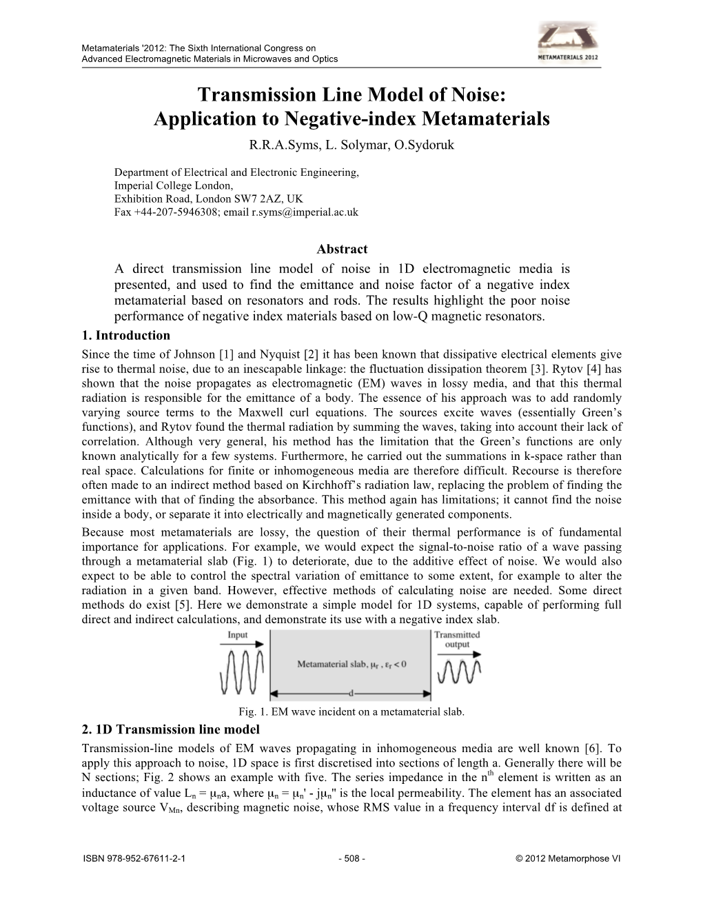 Transmission Line Model of Noise: Application to Negative-Index Metamaterials R.R.A.Syms, L