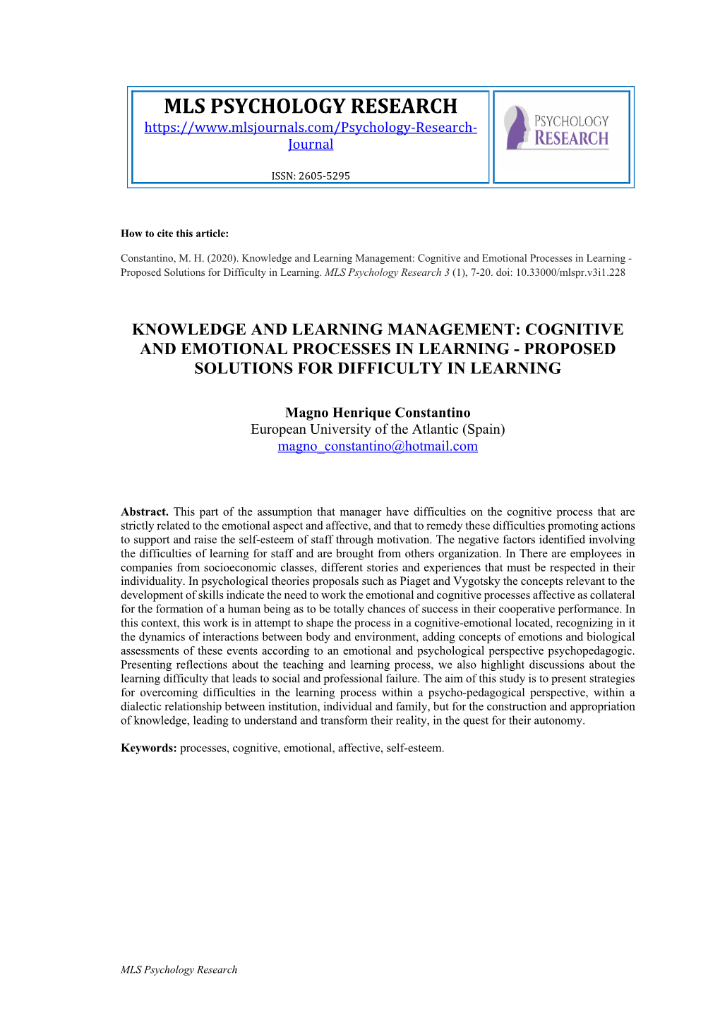 MLS PSYCHOLOGY RESEARCH Journal