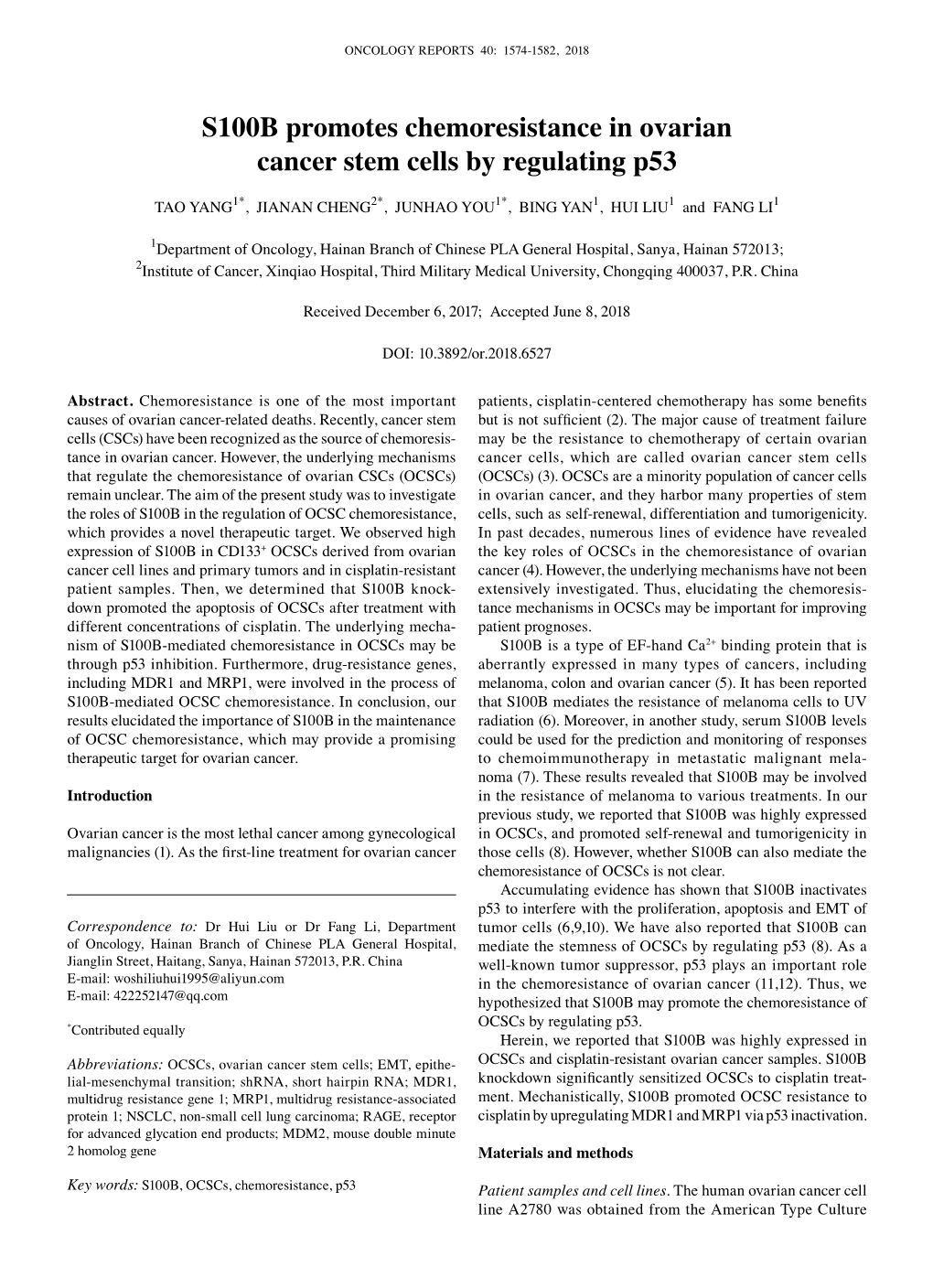 S100B Promotes Chemoresistance in Ovarian Cancer Stem Cells by Regulating P53