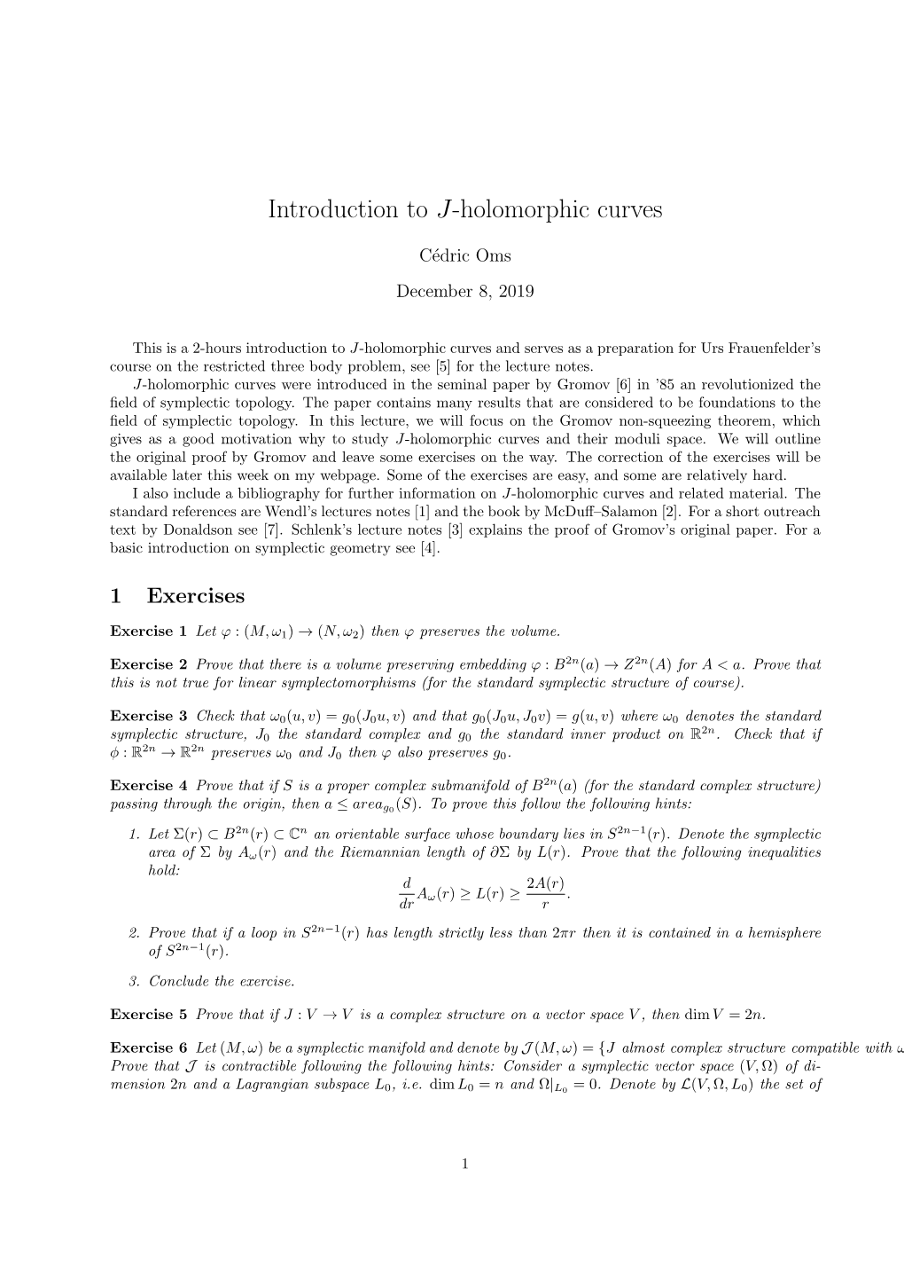 Introduction to J-Holomorphic Curves