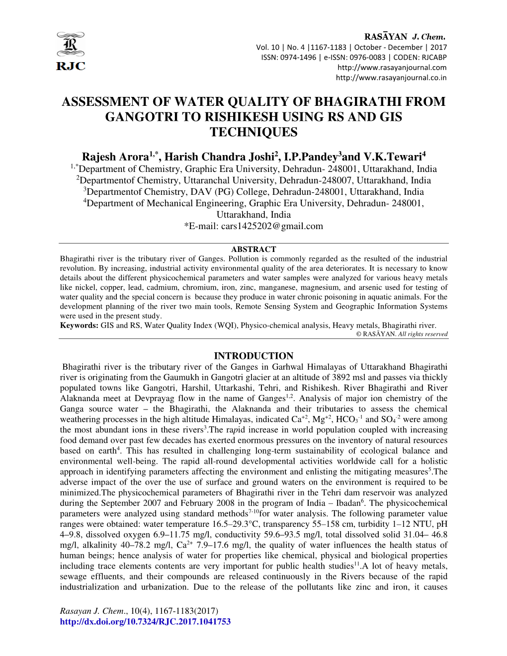 Assessment of Water Quality of Bhagirathi from Gangotri to Rishikesh Using Rs and Gis Techniques