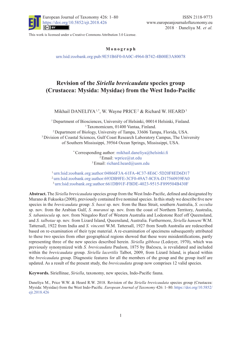 Revision of the Siriella Brevicaudata Species Group (Crustacea: Mysida: Mysidae) from the West Indo-Paciﬁ C