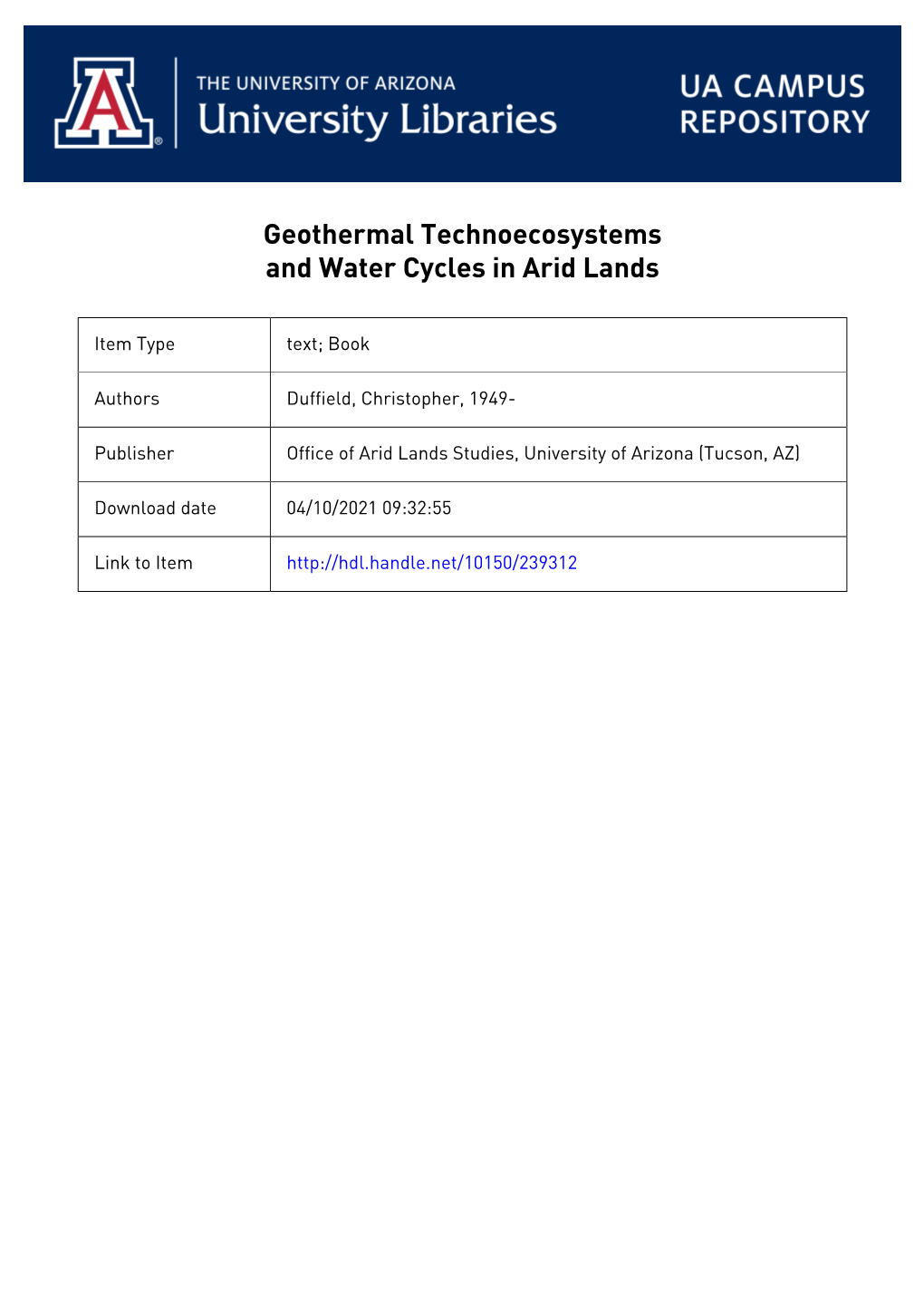 Geothermal Technoecosystems and Water Cycles in Arid Lands