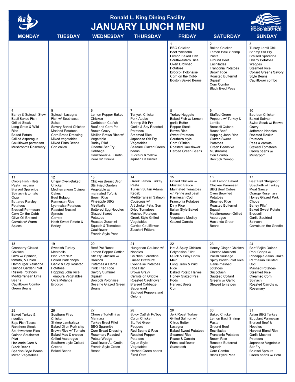 January Lunch Menu