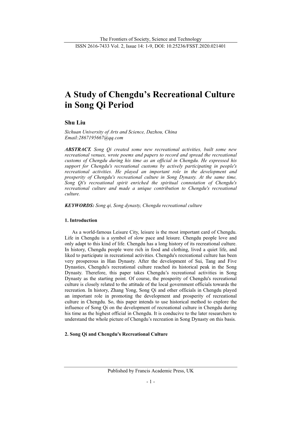 A Study of Chengdu's Recreational Culture in Song Qi Period