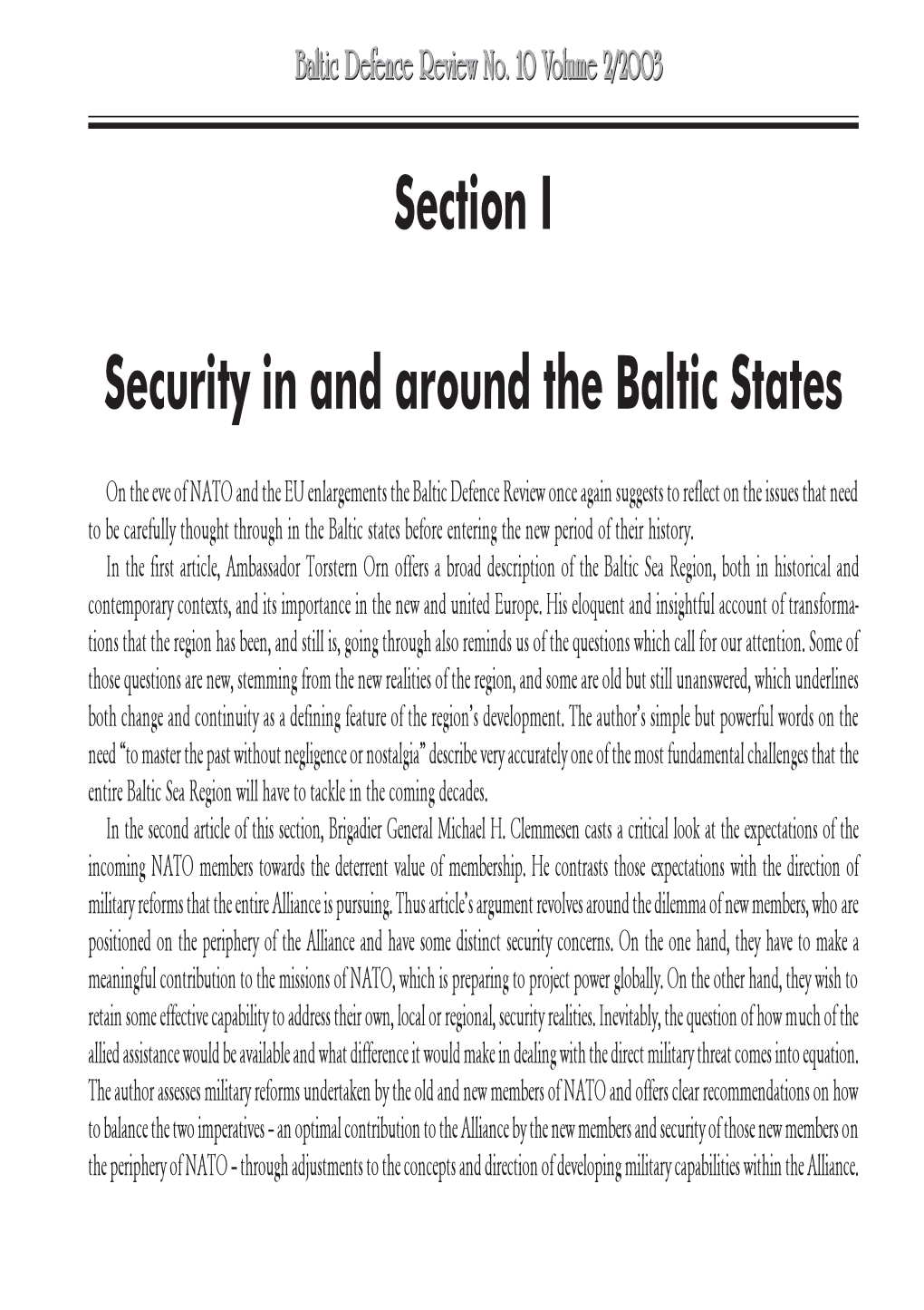 Section I Security in and Around the Baltic States