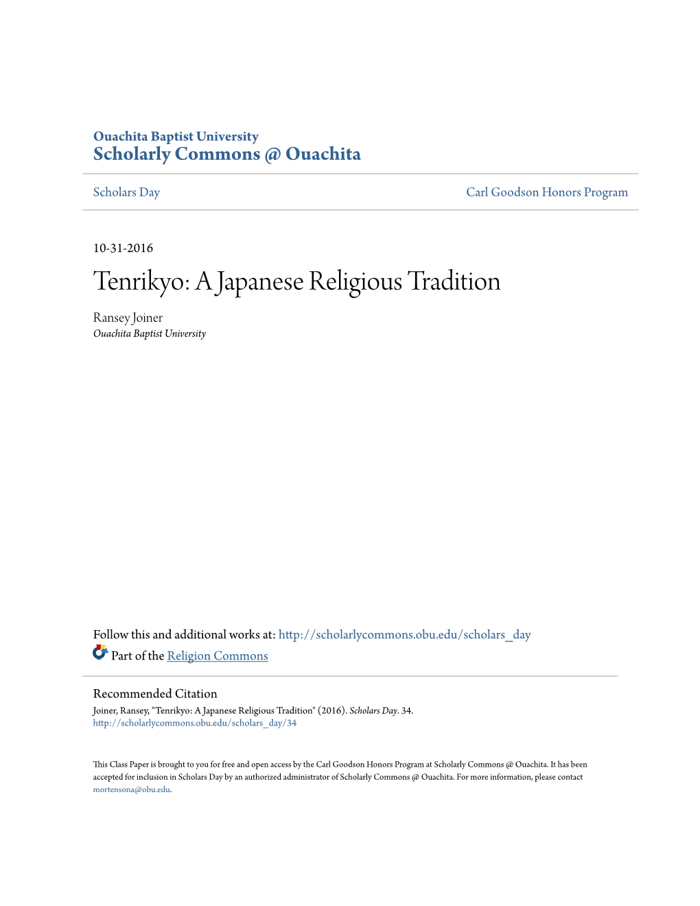 Tenrikyo: a Japanese Religious Tradition Ransey Joiner Ouachita Baptist University