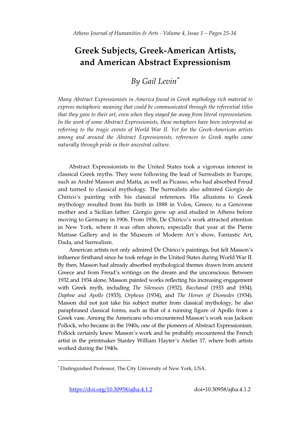 Greek Subjects, Greek-American Artists, and American Abstract Expressionism