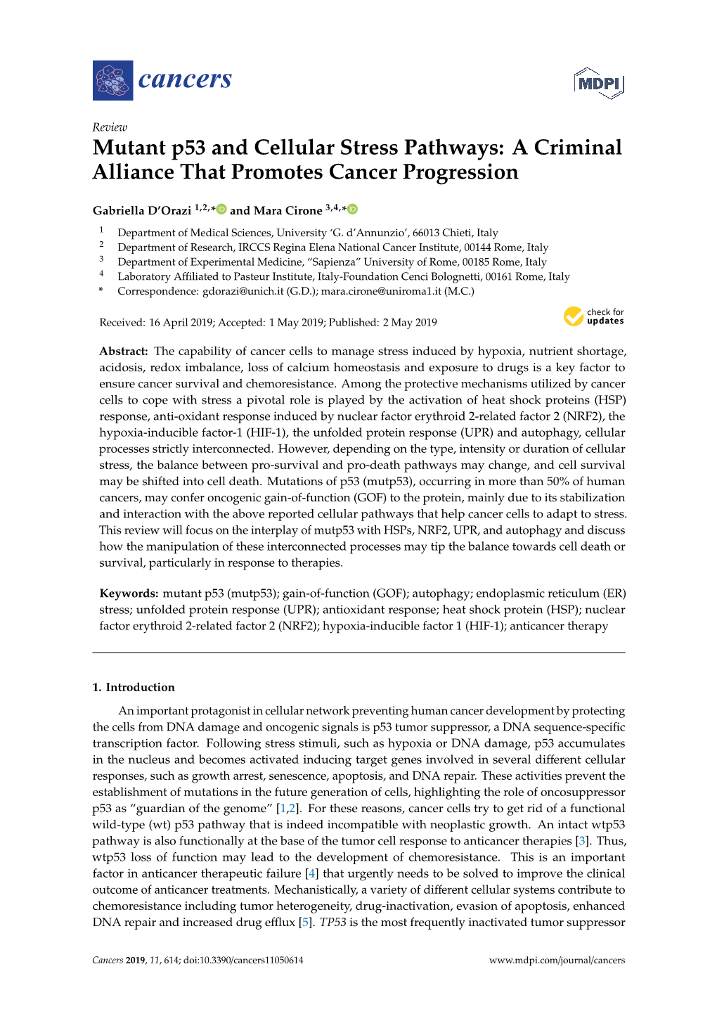 Mutant P53 and Cellular Stress Pathways: a Criminal Alliance That Promotes Cancer Progression