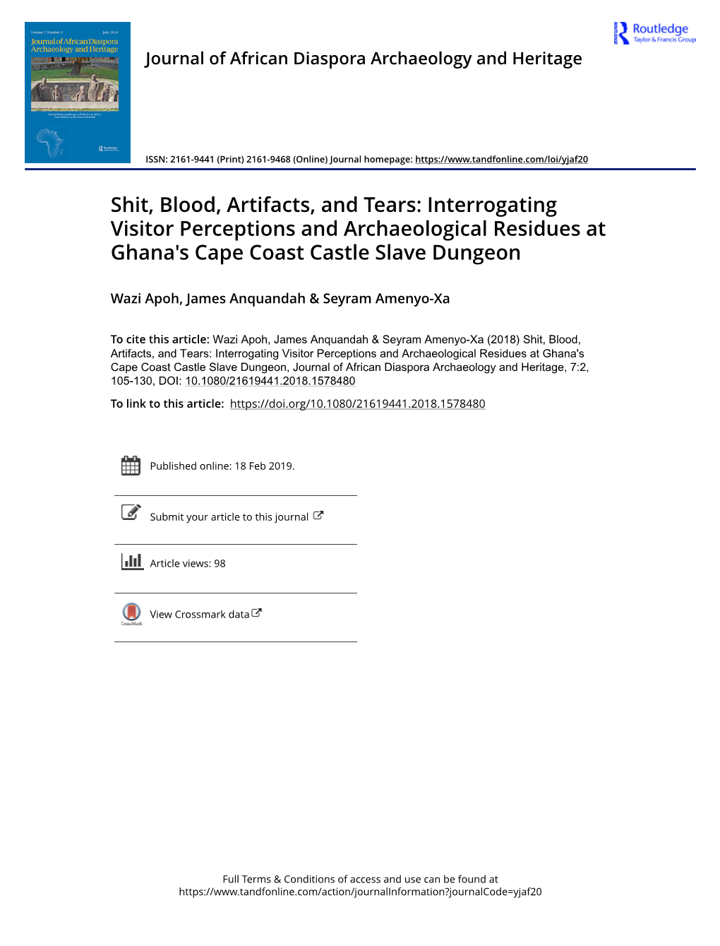 Shit, Blood, Artifacts, and Tears: Interrogating Visitor Perceptions and Archaeological Residues at Ghana's Cape Coast Castle Slave Dungeon