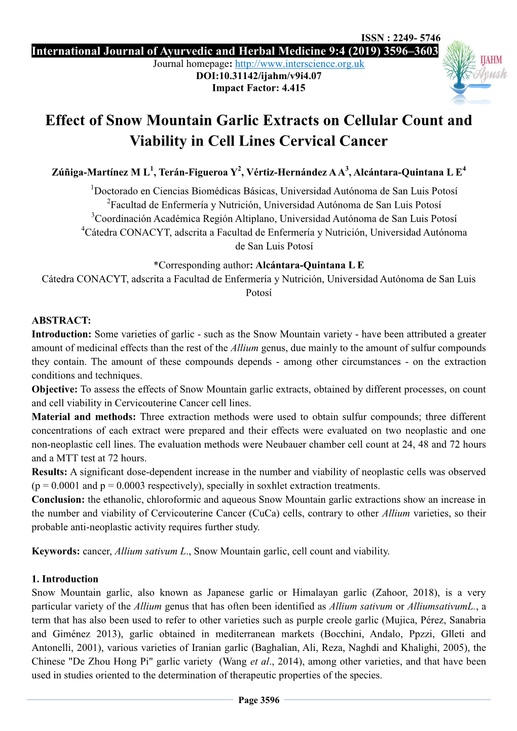 Effect of Snow Mountain Garlic Extracts on Cellular Count and Viability in Cell Lines Cervical Cancer