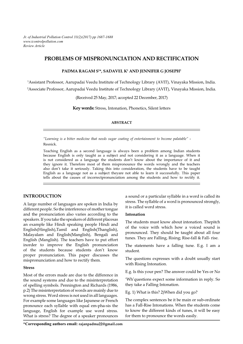 Problems of Mispronunciation and Rectification