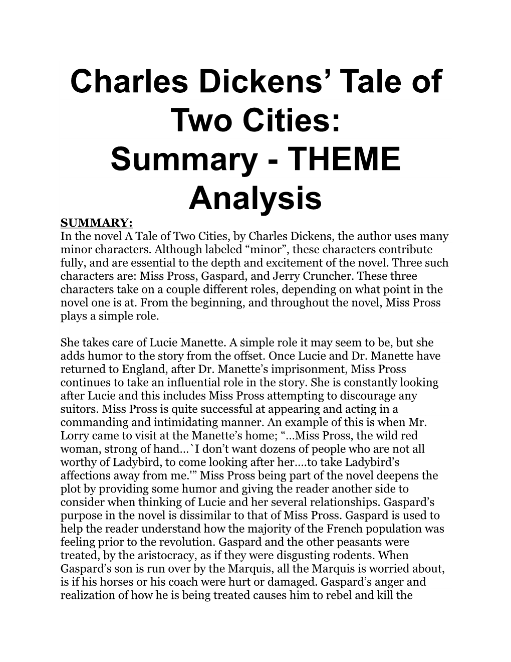Charles Dickens' Tale of Two Cities: Summary