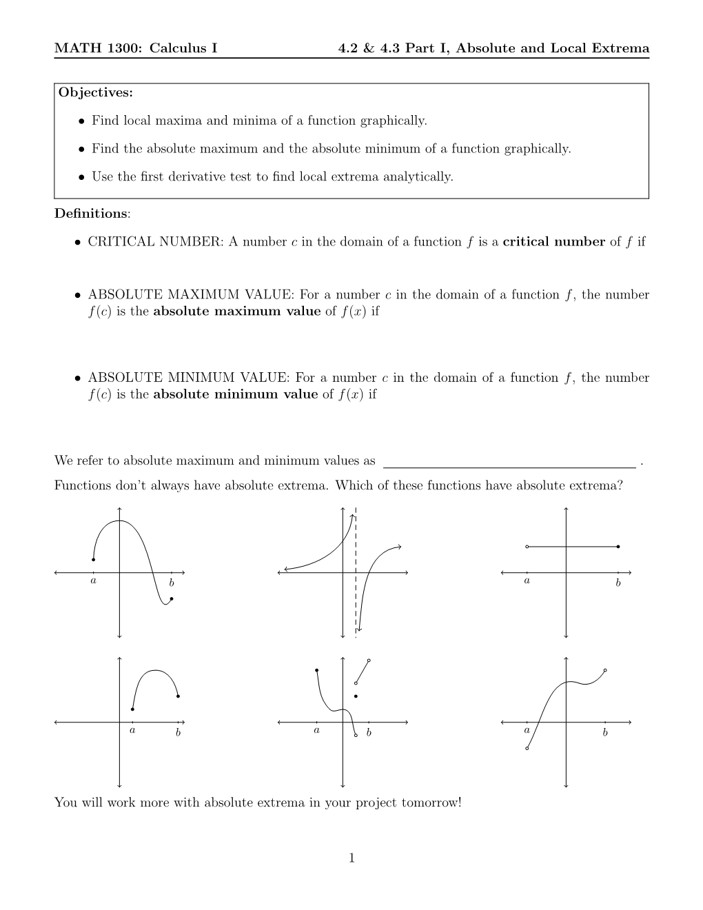 MATH 1300: Calculus I 4.2 & 4.3 Part I, Absolute and Local Extrema