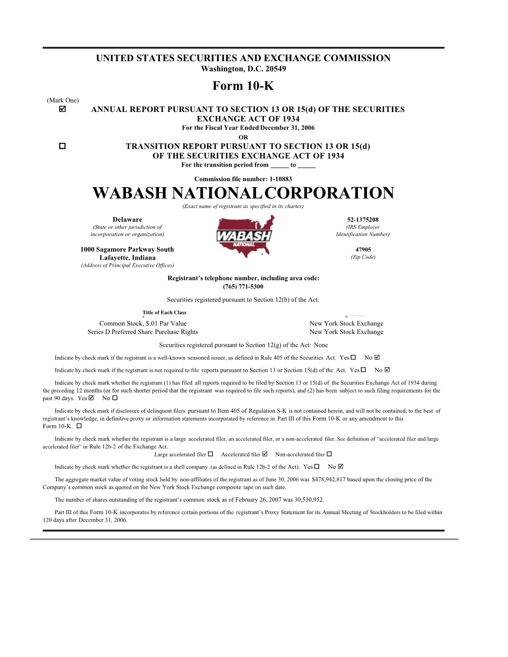 WABASH NATIONAL CORPORATION (Exact Name of Registrant As Specified in Its Charter)
