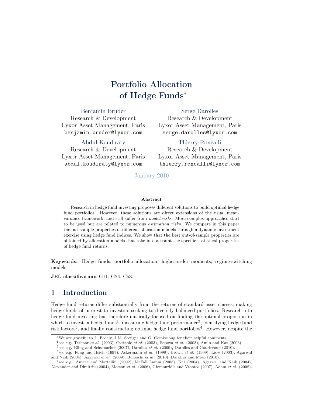 Portfolio Allocation of Hedge Funds∗