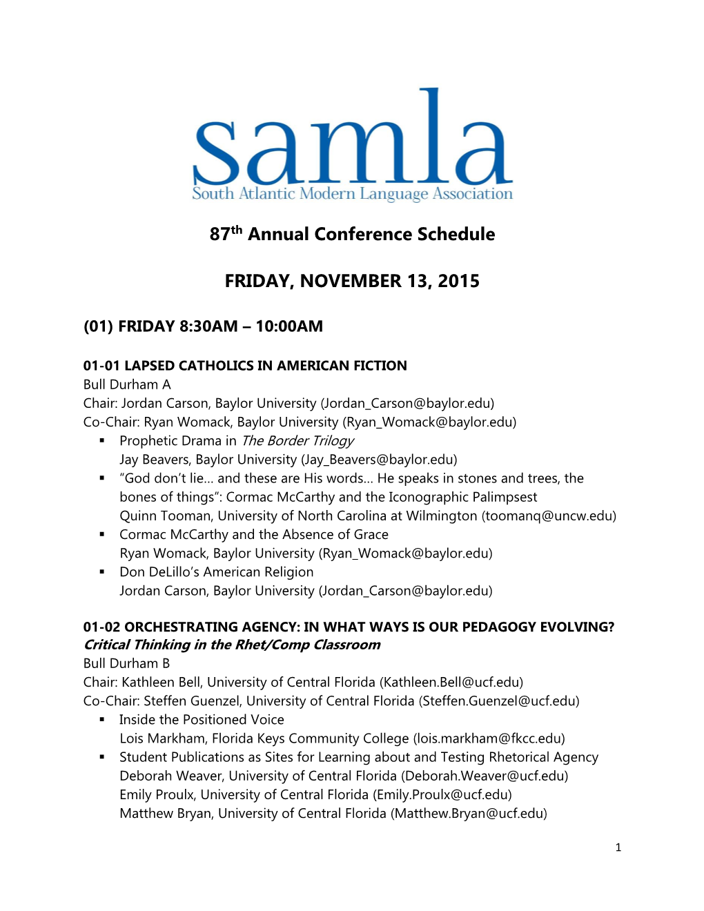 87Th Annual Conference Schedule FRIDAY, NOVEMBER 13, 2015