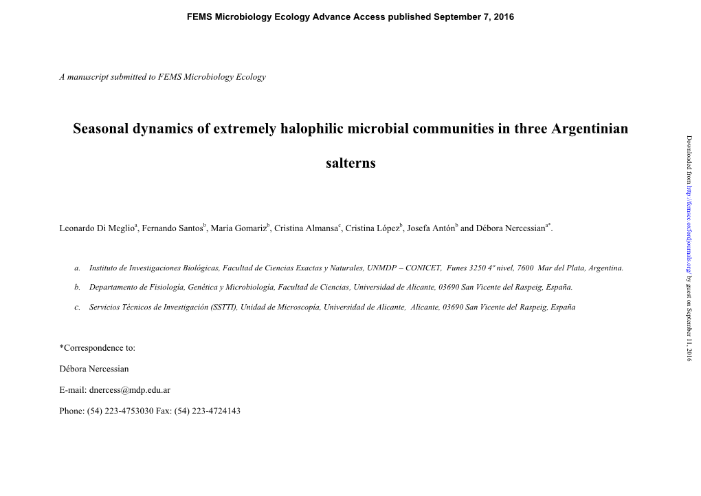 Seasonal Dynamics of Extremely Halophilic Microbial Communities in Three Argentinian Downloaded From