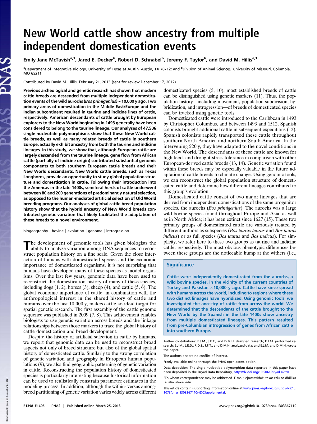 New World Cattle Show Ancestry from Multiple Independent Domestication Events