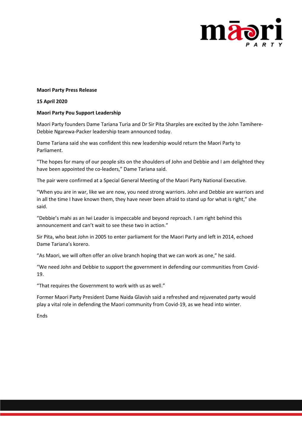 Maori Party Press Release