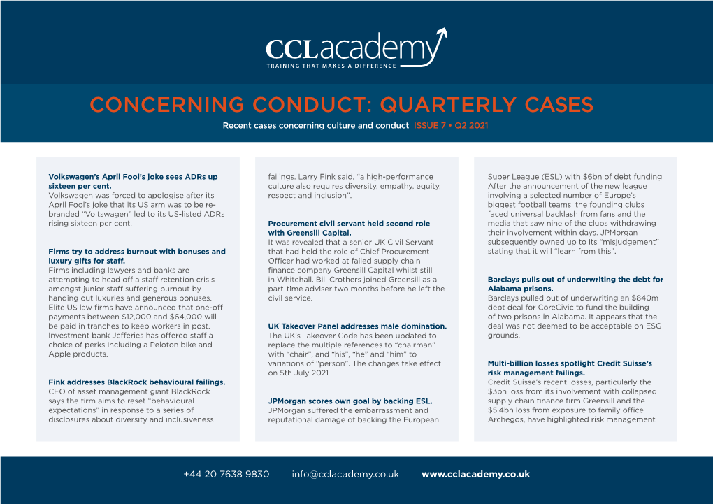 CONCERNING CONDUCT: QUARTERLY CASES Recent Cases Concerning Culture and Conduct ISSUE 7 • Q2 2021