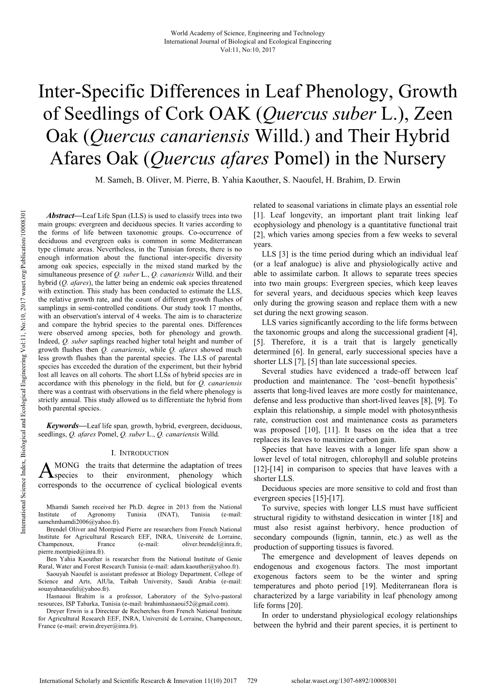 Inter-Specific Differences in Leaf Phenology, Growth Of