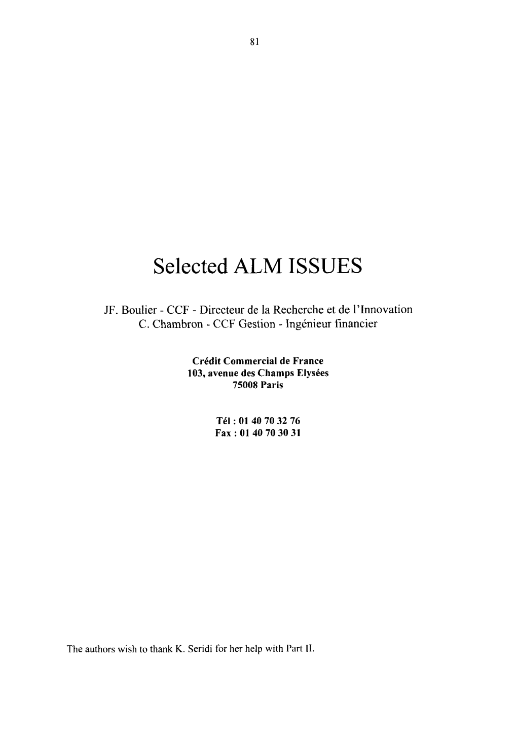 Selected ALM ISSUES