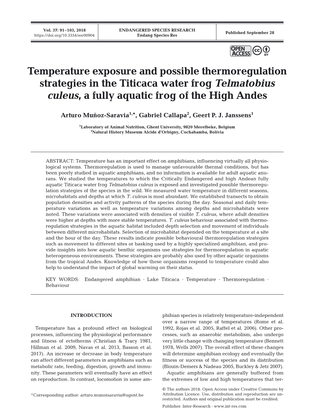 Temperature Exposure and Possible Thermoregulation Strategies in the Titicaca Water Frog Telmatobius Culeus, a Fully Aquatic Frog of the High Andes