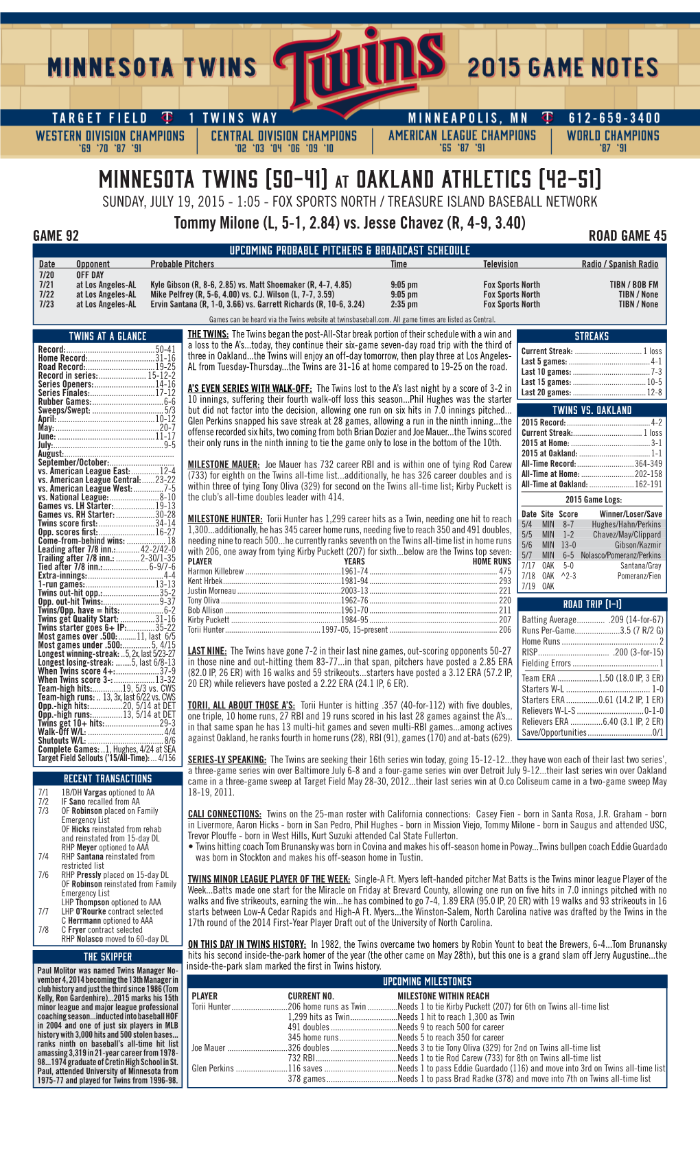 MINNESOTA TWINS (50-41) at OAKLAND ATHLETICS (42-51) SUNDAY, JULY 19, 2015 - 1:05 - FOX SPORTS NORTH / TREASURE ISLAND BASEBALL NETWORK Tommy Milone (L, 5-1, 2.84) Vs