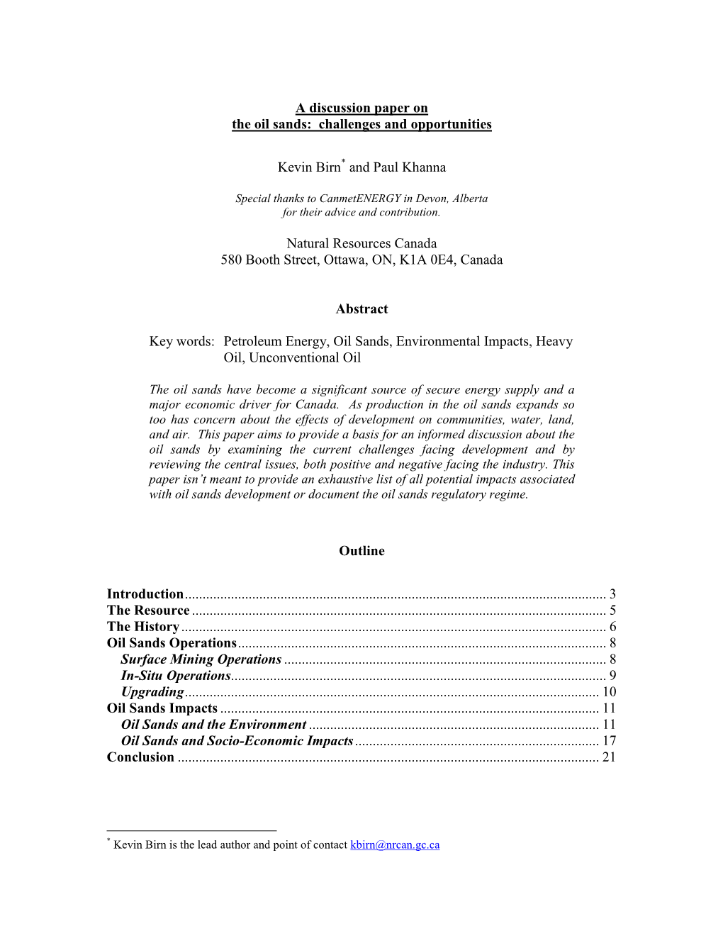 A Discussion Paper on the Oil Sands: Challenges and Opportunities