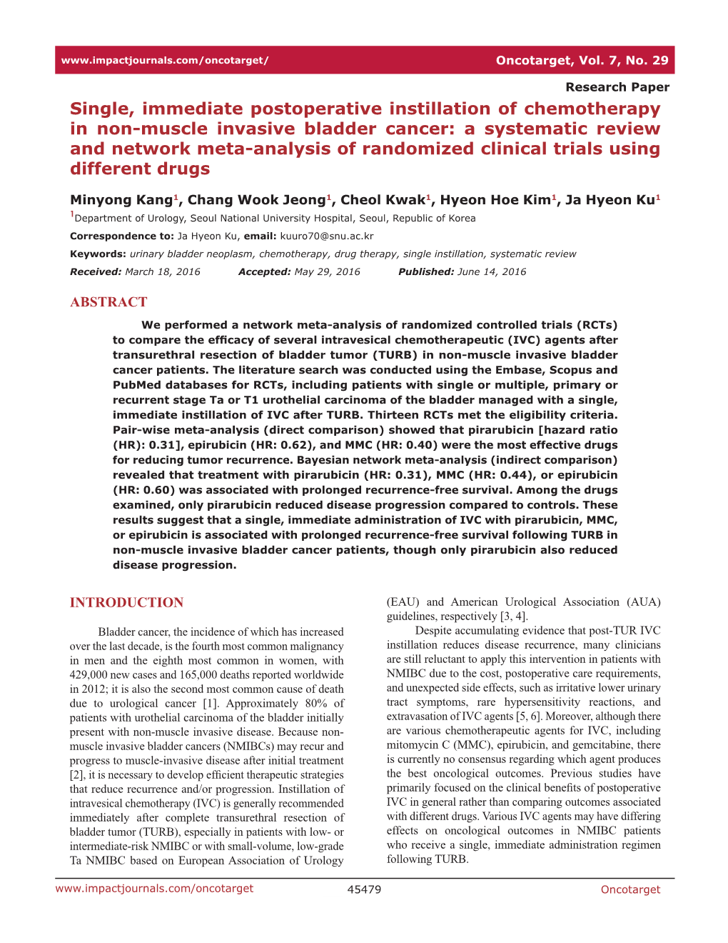 Single, Immediate Postoperative Instillation of Chemotherapy