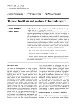 Hidrogeologija • Hydrogeology • Гидрогеология Theodor Grotthuss and Modern Hydrogeochemistry