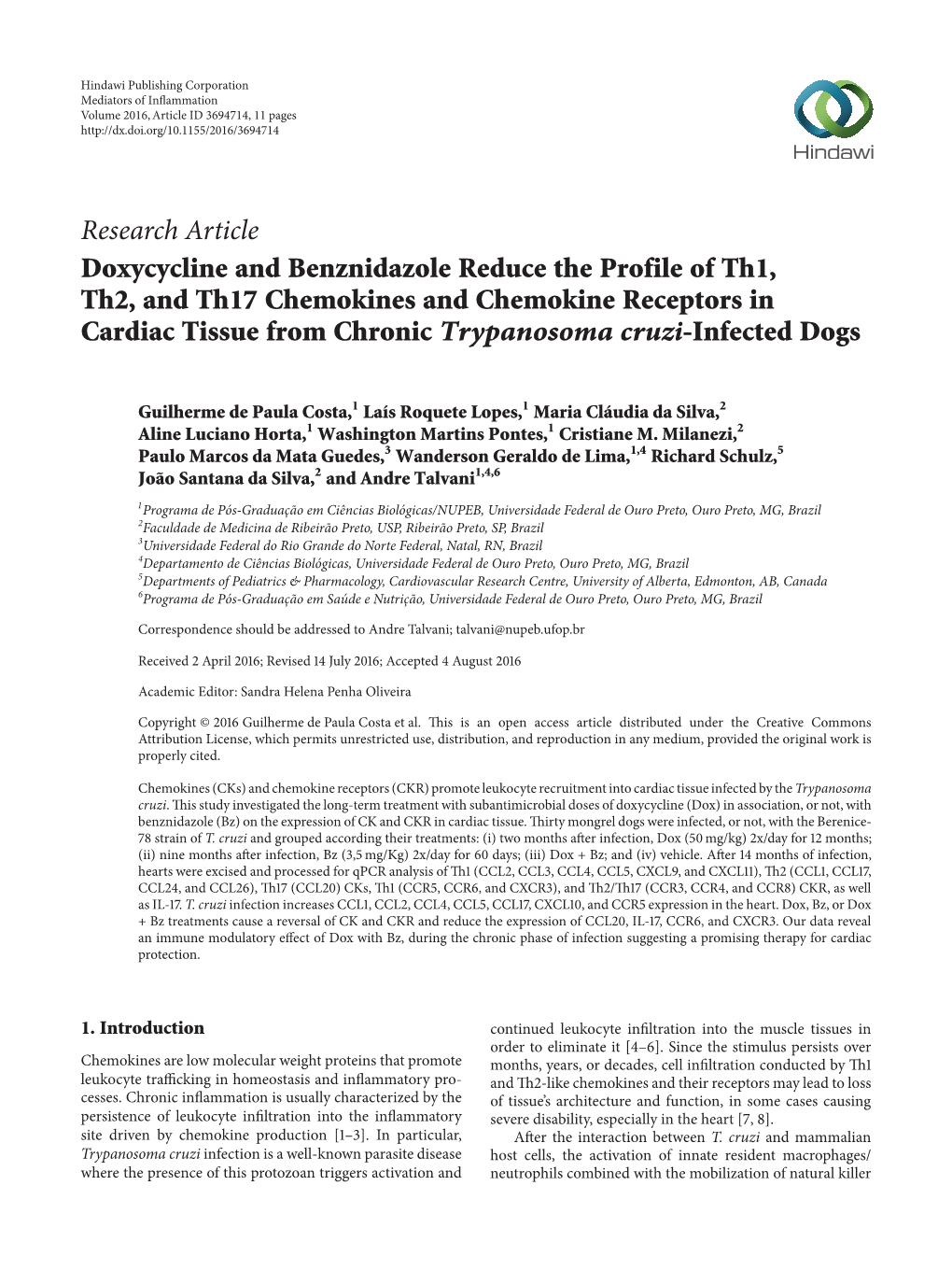 Doxycycline and Benznidazole Reduce the Profile of Th1, Th2, and Th17 Chemokines and Chemokine Receptors in Cardiac Tissue from Chronic Trypanosoma Cruzi-Infected Dogs