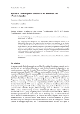 Species of Vascular Plants Endemic to the Krkonoše Mts (Western Sudetes)