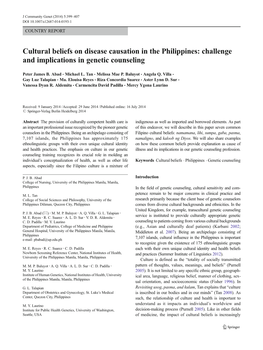 Cultural Beliefs on Disease Causation in the Philippines: Challenge and Implications in Genetic Counseling