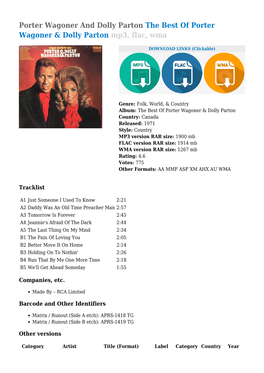 Porter Wagoner and Dolly Parton the Best of Porter Wagoner & Dolly Parton Mp3, Flac, Wma