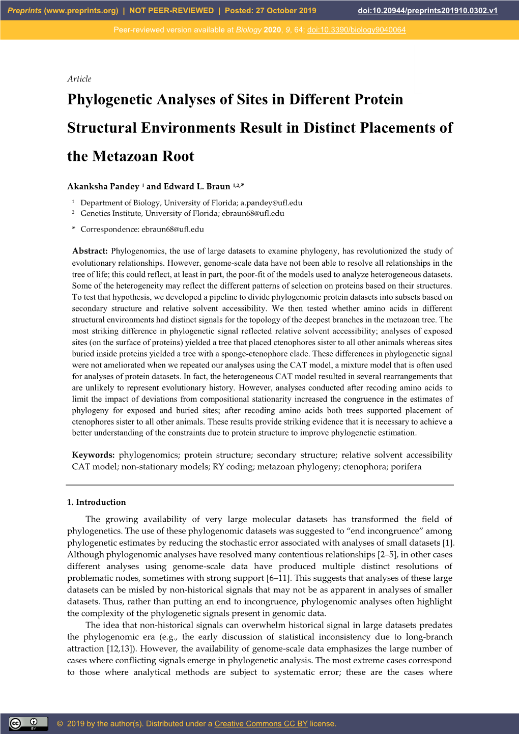 Phylogenetic Analyses of Sites in Different Protein Structural Environments Result in Distinct Placements of the Metazoan Root