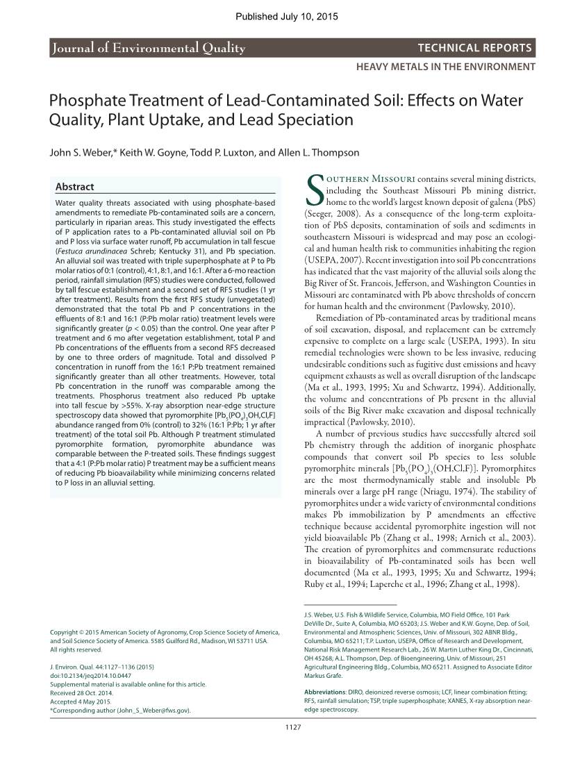 Phosphate Treatment of Lead-Contaminated Soil: Effects on Water Quality, Plant Uptake, and Lead Speciation