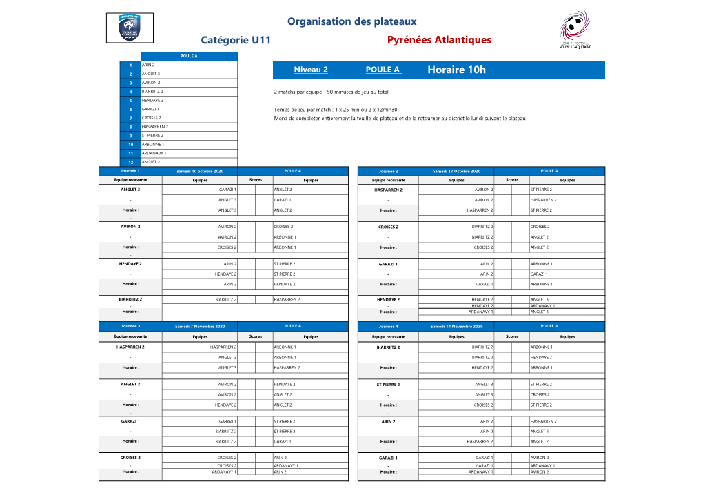 Organisation Des Plateaux Catégorie U11 Pyrénées Atlantiques Horaire