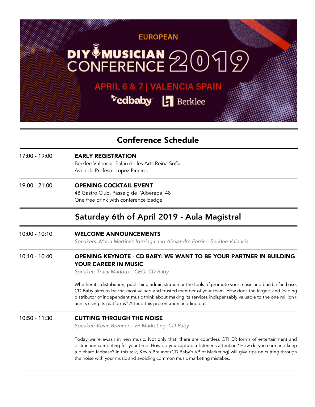 Conference Schedule Saturday 6Th of April 2019