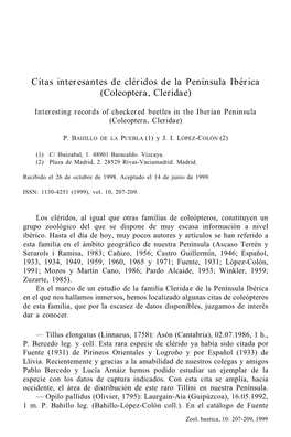 Citas Interesantes De Cléridos De La Península Ibérica (Coleoptera, Cleridae)