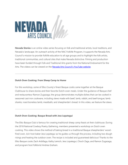 Nevada Stories Is an Online Video Series Focusing on Folk and Traditional Artists, Local Traditions, and Nevada’S Landscape