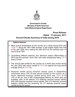 13 January, 2011 Annual Climate Summary of India During 2010