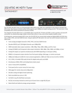 232-ATSC 4K HDTV Tuner Contemporaryresearch.Com DATASHEET T: 888-972-2728