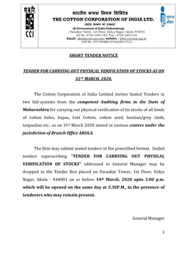 Short Tender Notice Tender for Carrying out Physical
