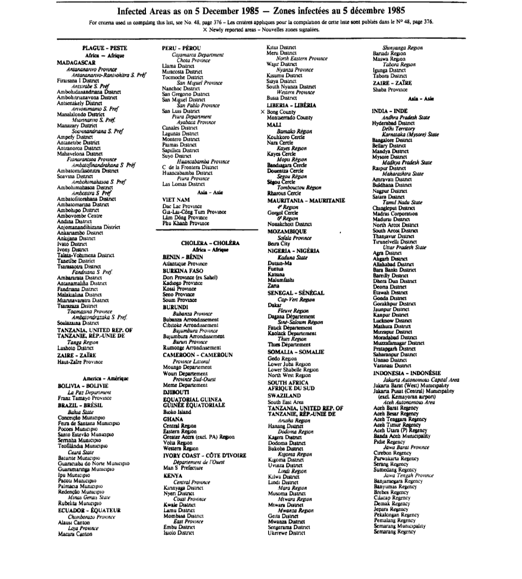 Infected Areas As on 5 December 1985 — Zones Infectées Au 5 Décembre 1985 for Cniena Used M Compiling This List, See No