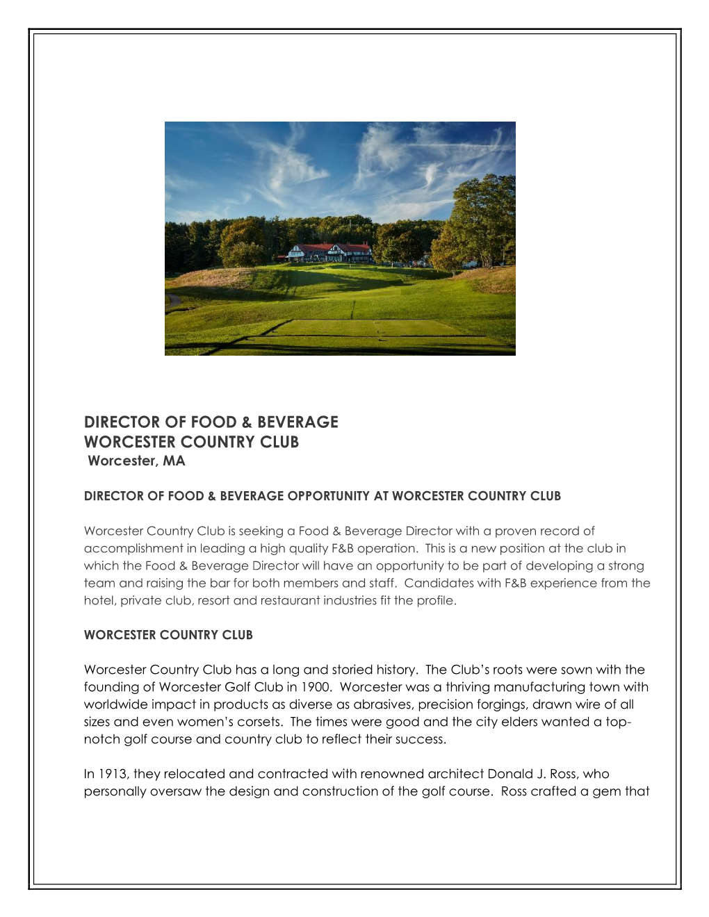 Director of Food & Beverage Worcester Country Club