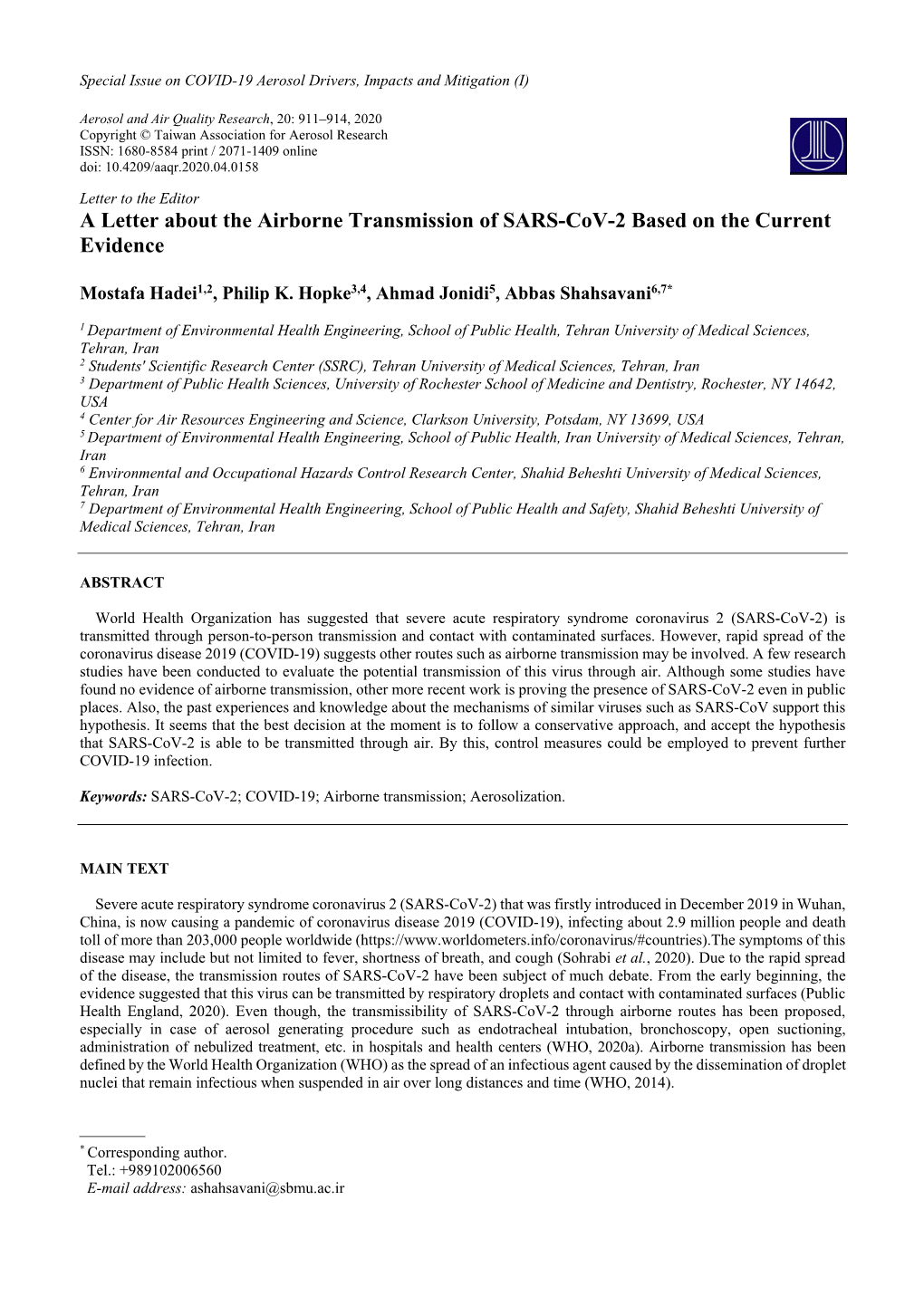 A Letter About the Airborne Transmission of SARS-Cov-2 Based on the Current Evidence