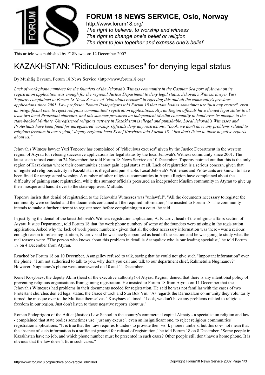 KAZAKHSTAN: "Ridiculous Excuses" for Denying Legal Status