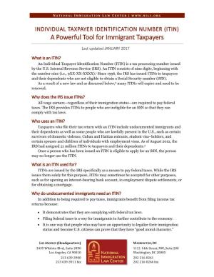 INDIVIDUAL TAXPAYER IDENTIFICATION NUMBER (ITIN) a Powerful Tool for Immigrant Taxpayers